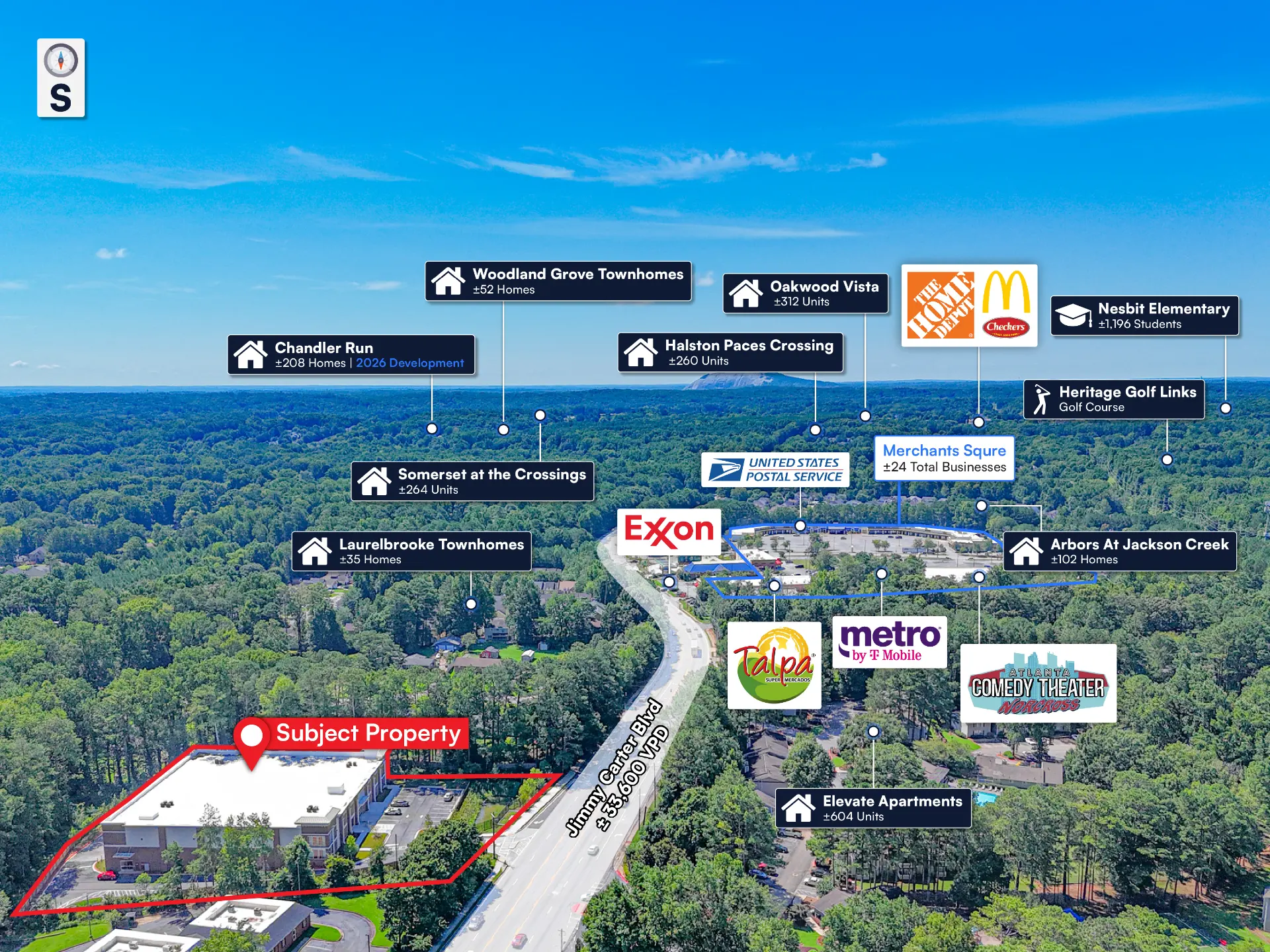 Aerial map of 4745 Jimmy Carter Blvd, Norcross, GA looking south — surrounding residential communities, retail and traffic counts