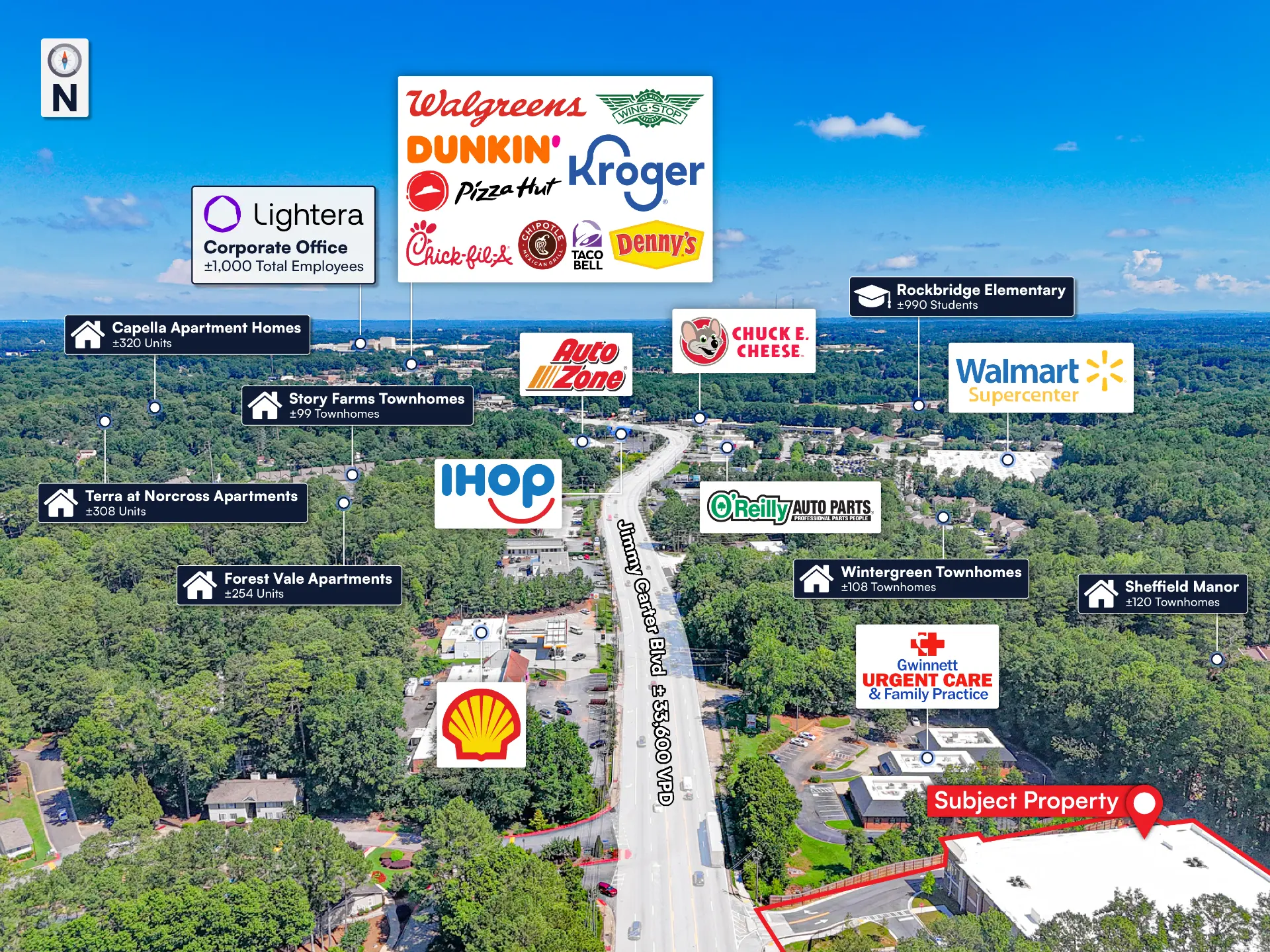 Aerial map of the Norcross subject property looking north — nearby apartments, national retailers and Jimmy Carter Blvd corridor